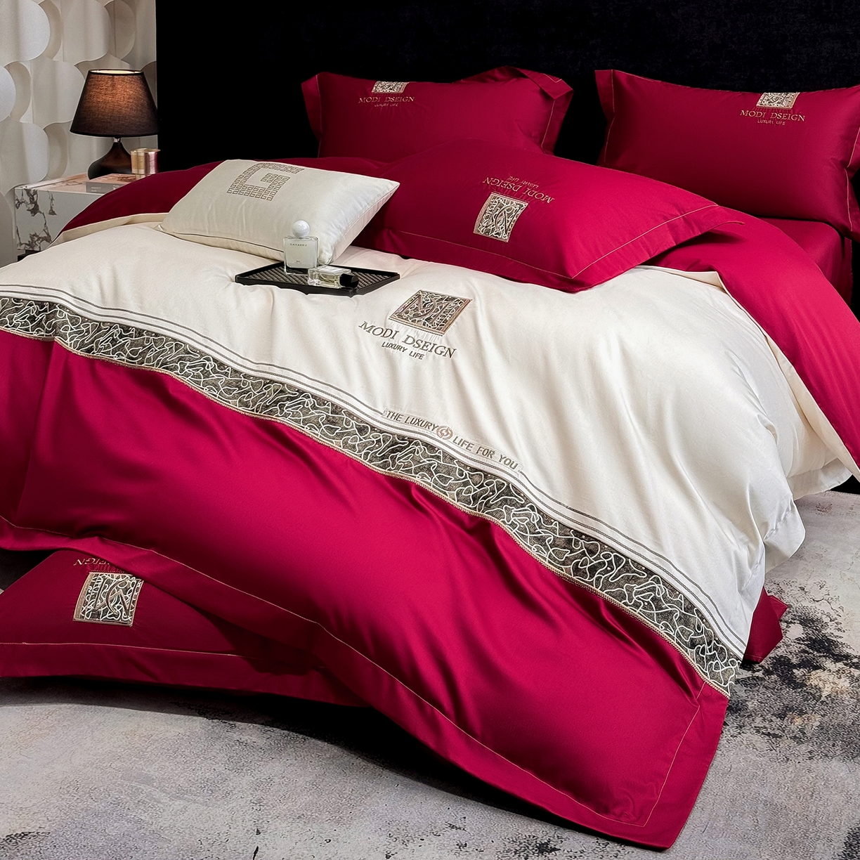 91家纺网 家纺一手货源 找家纺 苏美 2026春夏新款高档礼盒装50*50S贡缎长绒棉刺绣四件套100%纯棉全棉轻奢床品-星空 星空-红