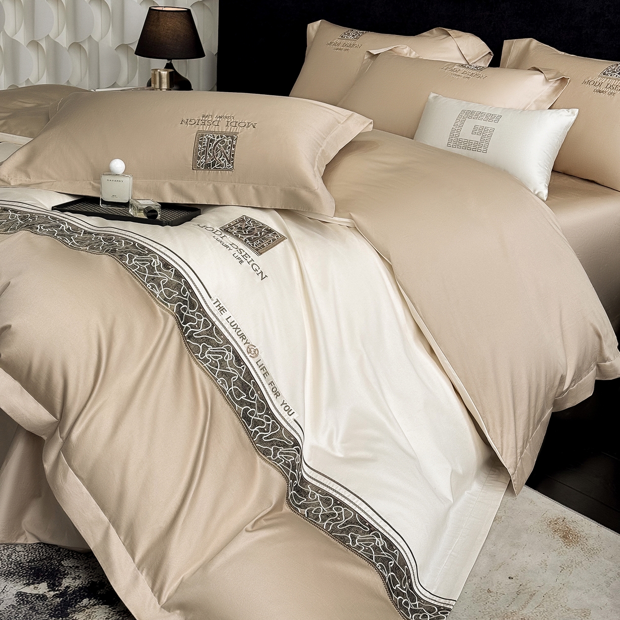 91家纺网 家纺一手货源 找家纺 苏美 2026春夏新款高档礼盒装50*50S贡缎长绒棉刺绣四件套100%纯棉全棉轻奢床品-星空 星空-咖