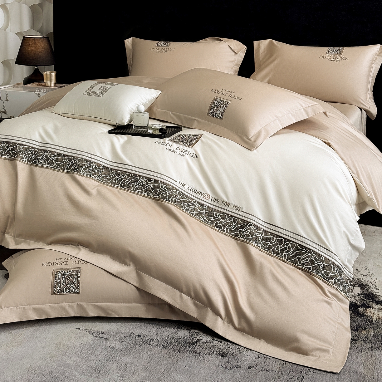 91家纺网 家纺一手货源 找家纺 苏美 2026春夏新款高档礼盒装50*50S贡缎长绒棉刺绣四件套100%纯棉全棉轻奢床品-星空 星空-咖