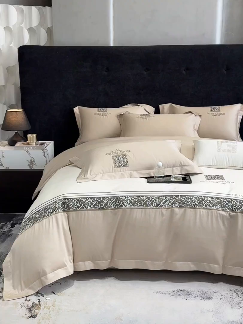 91家纺网 家纺一手货源 找家纺 苏美 2026春夏新款高档礼盒装50*50S贡缎长绒棉刺绣四件套100%纯棉全棉轻奢床品-星空 星空-咖