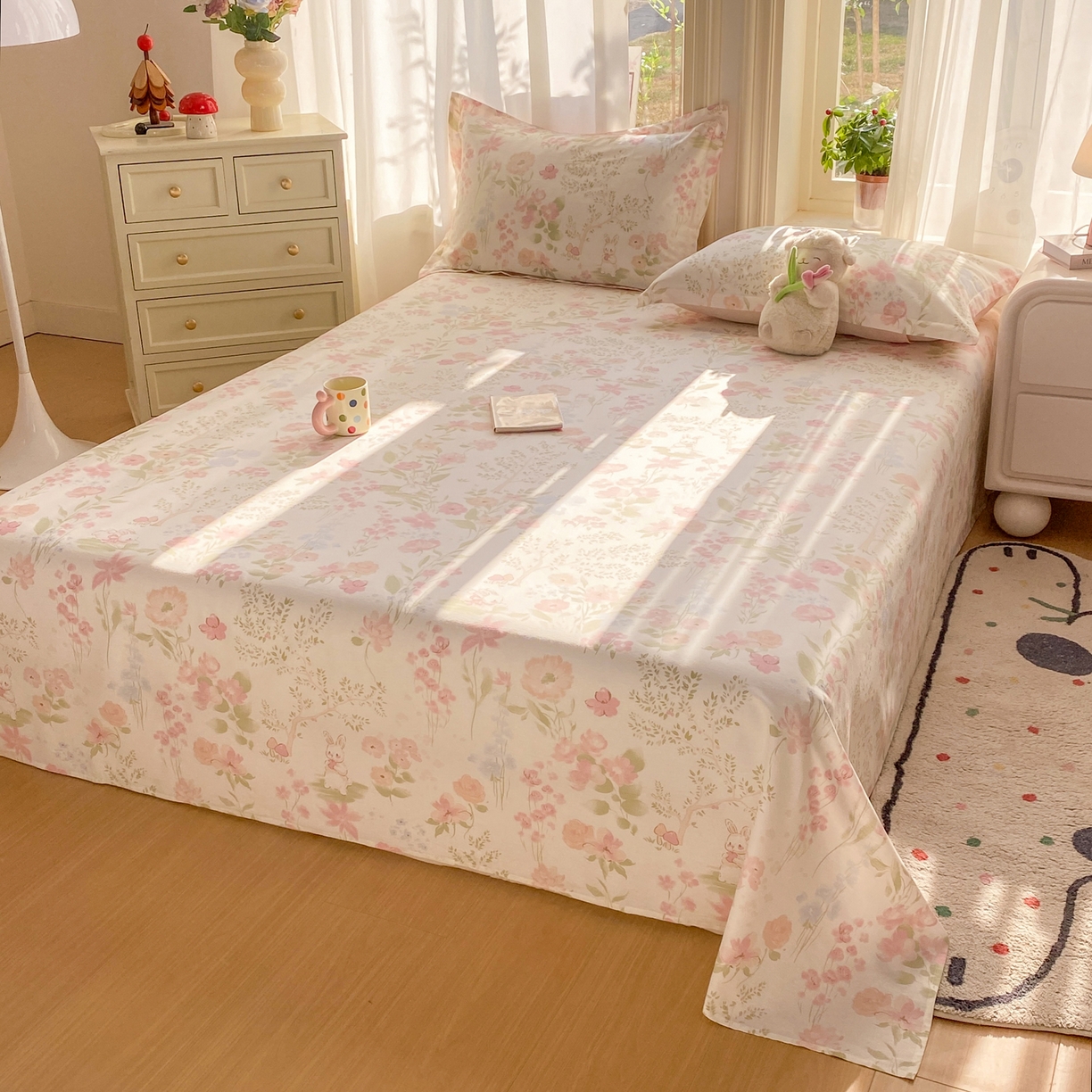 91家纺网 家纺一手货源 找家纺 花梦欣 2026新款全棉印花单品系列2花卉款-单床单 花仙兔兔