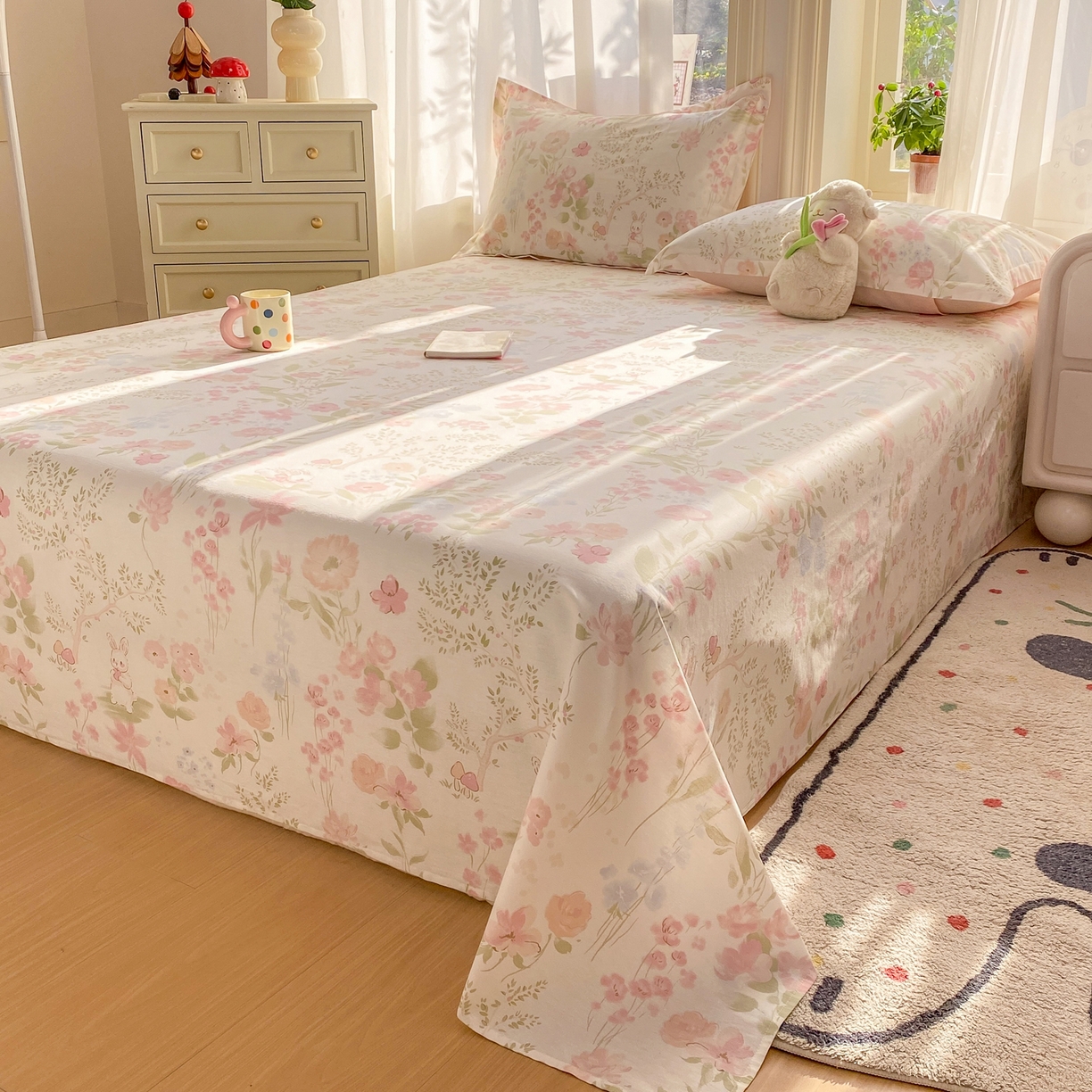 91家纺网 家纺一手货源 找家纺 花梦欣 2026新款全棉印花单品系列2花卉款-单床单 花仙兔兔