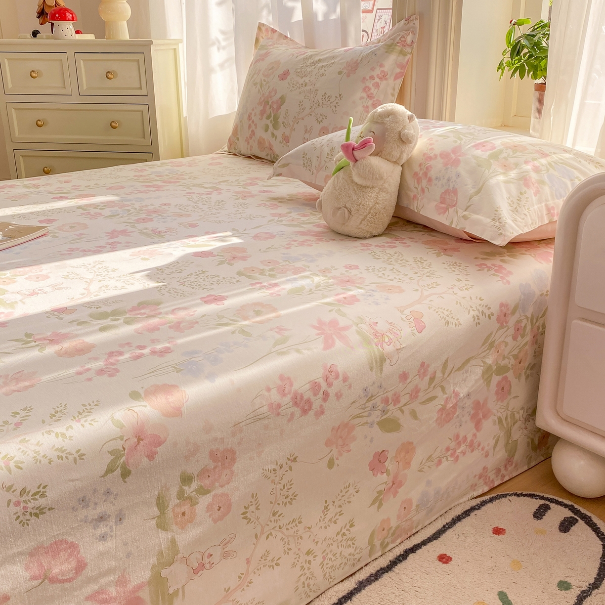 91家纺网 家纺一手货源 找家纺 花梦欣 2026新款全棉印花单品系列2花卉款-单床单 花仙兔兔