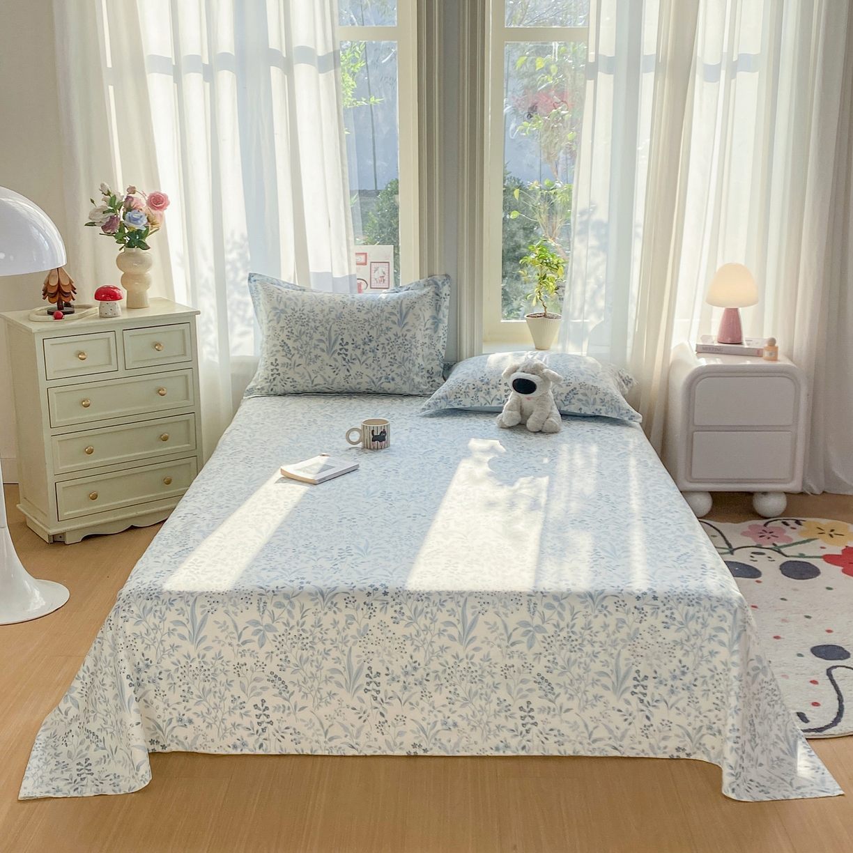 91家纺网 家纺一手货源 找家纺 花梦欣 2026新款全棉印花单品系列2花卉款-单床单 蓝沫