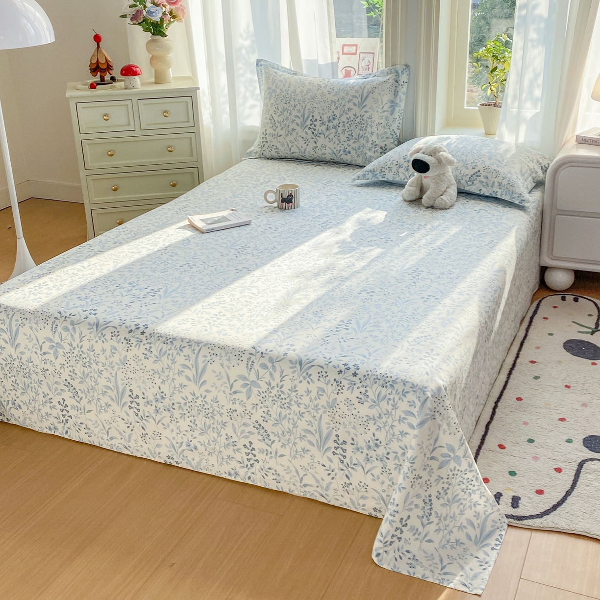 91家纺网 家纺一手货源 找家纺 花梦欣 2026新款全棉印花单品系列2花卉款-单床单 蓝沫