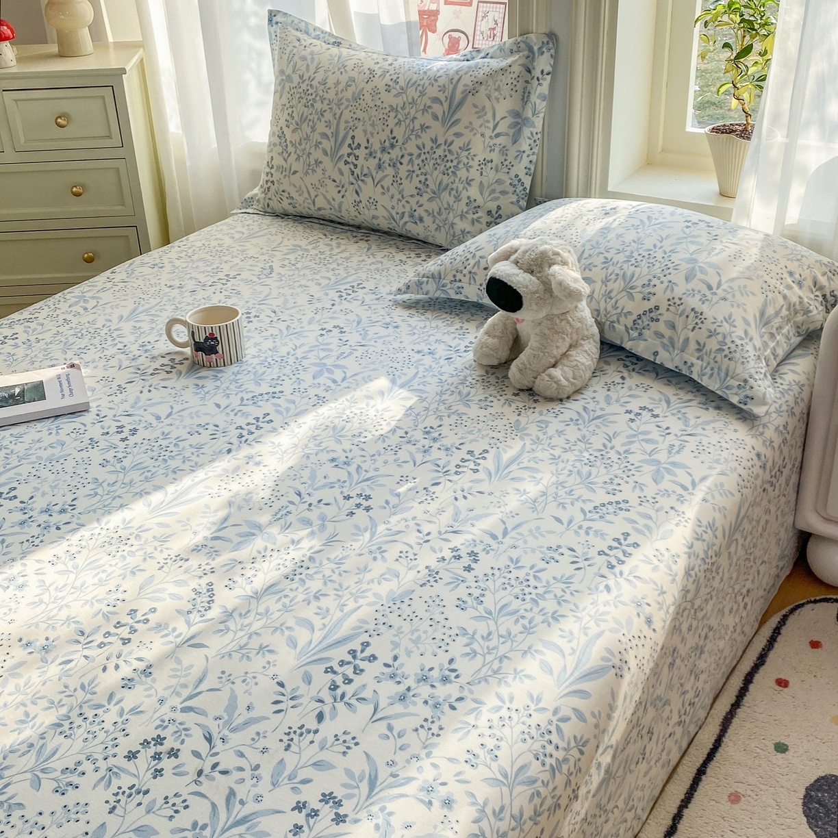 91家纺网 家纺一手货源 找家纺 花梦欣 2026新款全棉印花单品系列2花卉款-单床单 蓝沫