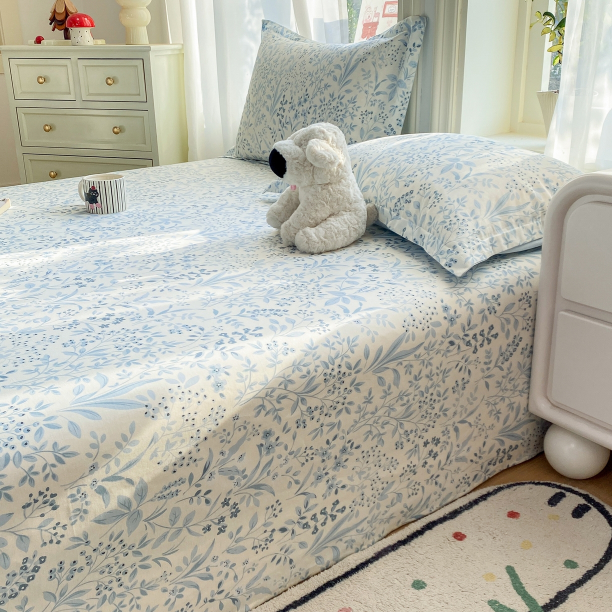 91家纺网 家纺一手货源 找家纺 花梦欣 2026新款全棉印花单品系列2花卉款-单床单 蓝沫