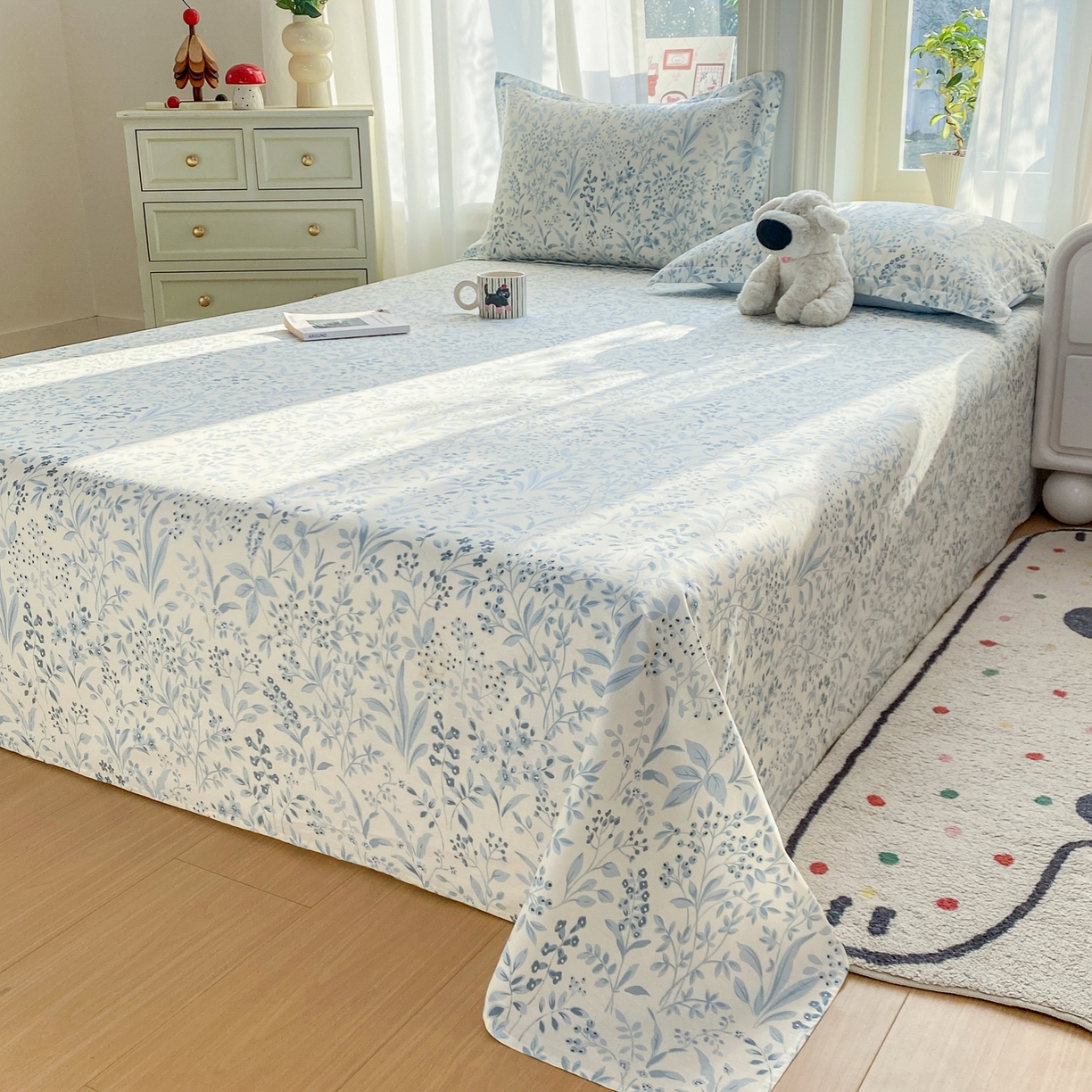 91家纺网 家纺一手货源 找家纺 花梦欣 2026新款全棉印花单品系列2花卉款-单床单 蓝沫