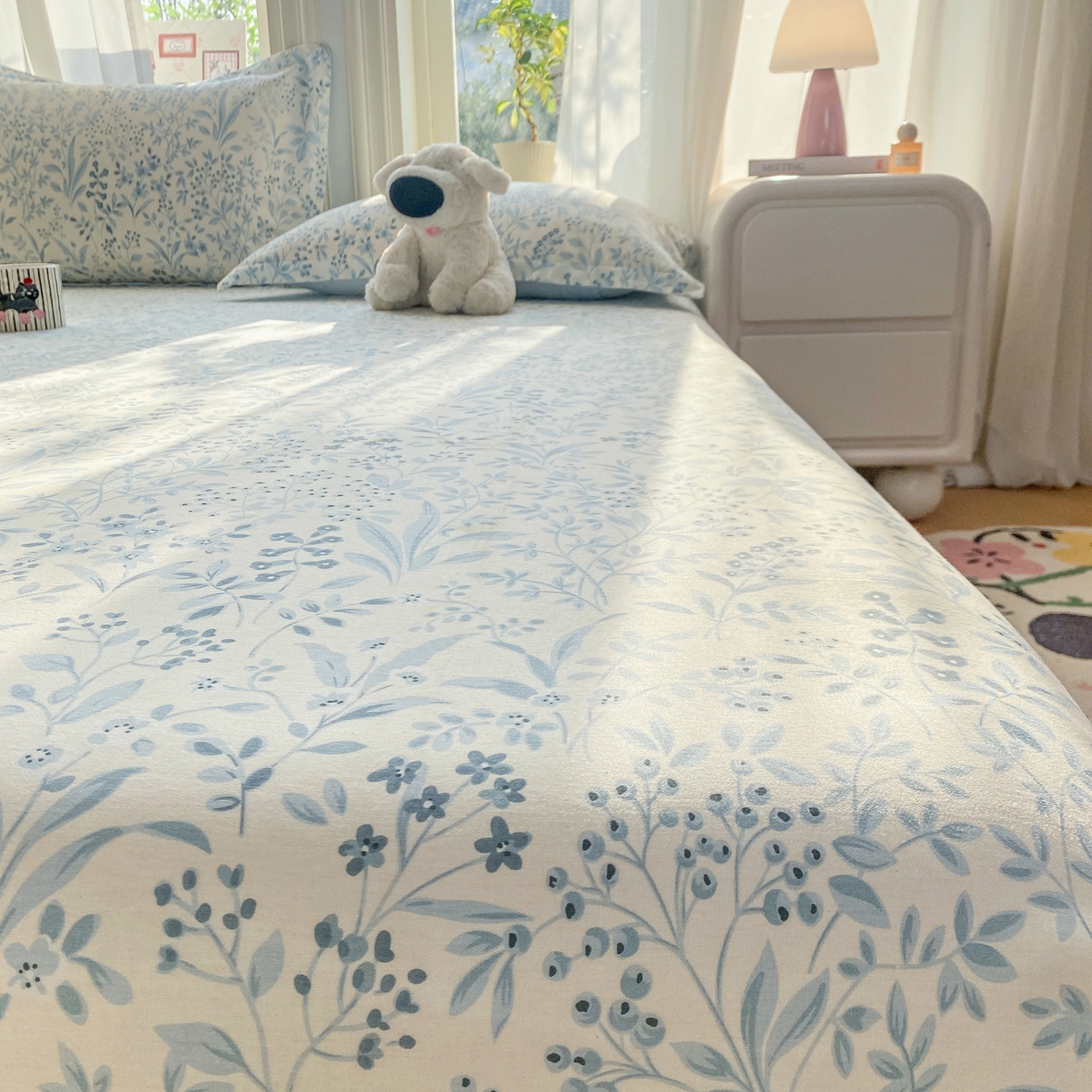 91家纺网 家纺一手货源 找家纺 花梦欣 2026新款全棉印花单品系列2花卉款-单床单 蓝沫