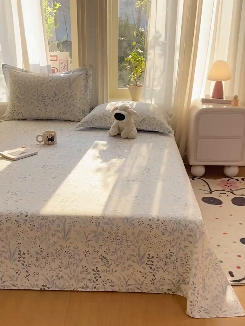 91家纺网 家纺一手货源 找家纺 花梦欣 2026新款全棉印花单品系列2花卉款-单床单 蓝沫