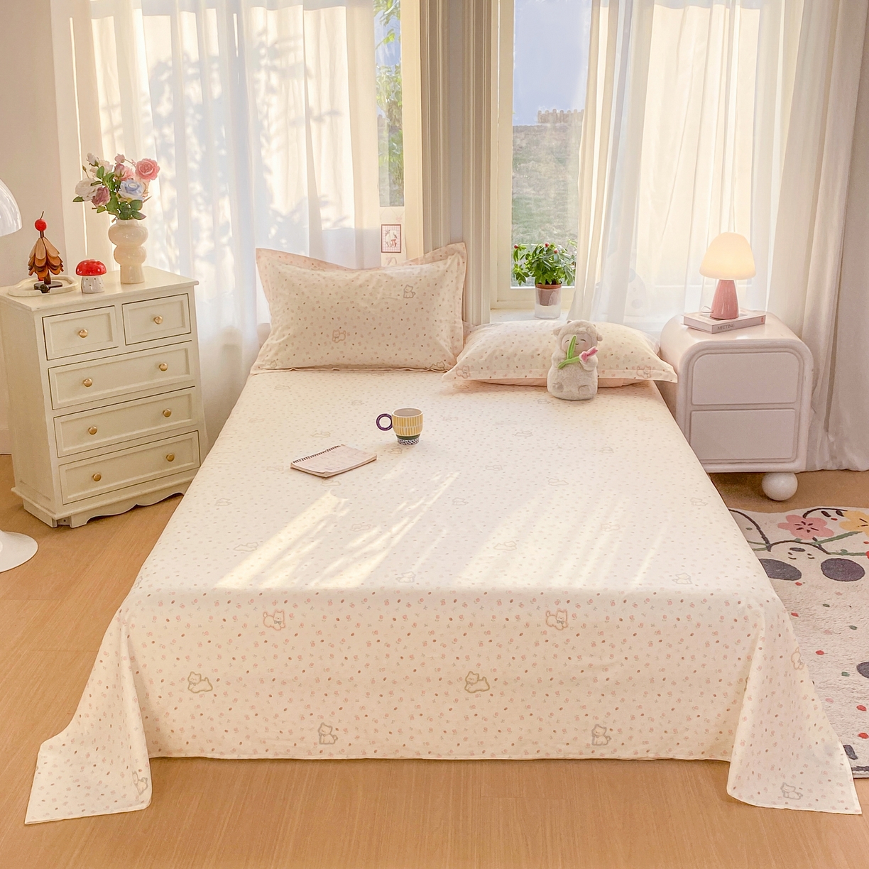 91家纺网 家纺一手货源 找家纺 花梦欣 2026新款全棉印花单品系列2花卉款-单床单 玫瑰小狗