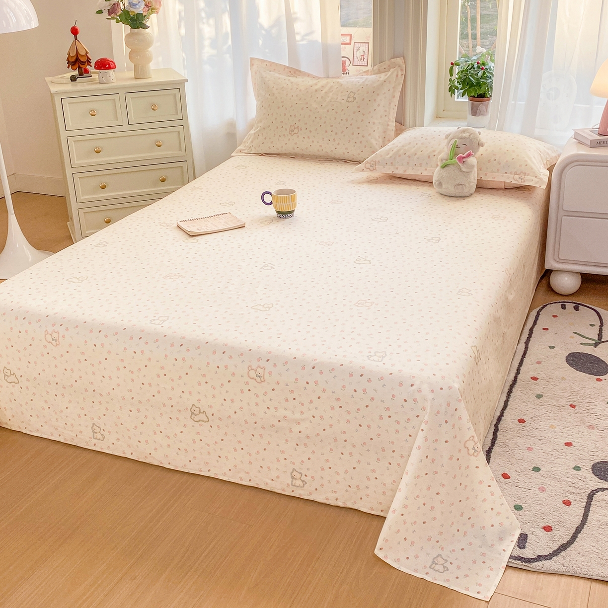 91家纺网 家纺一手货源 找家纺 花梦欣 2026新款全棉印花单品系列2花卉款-单床单 玫瑰小狗