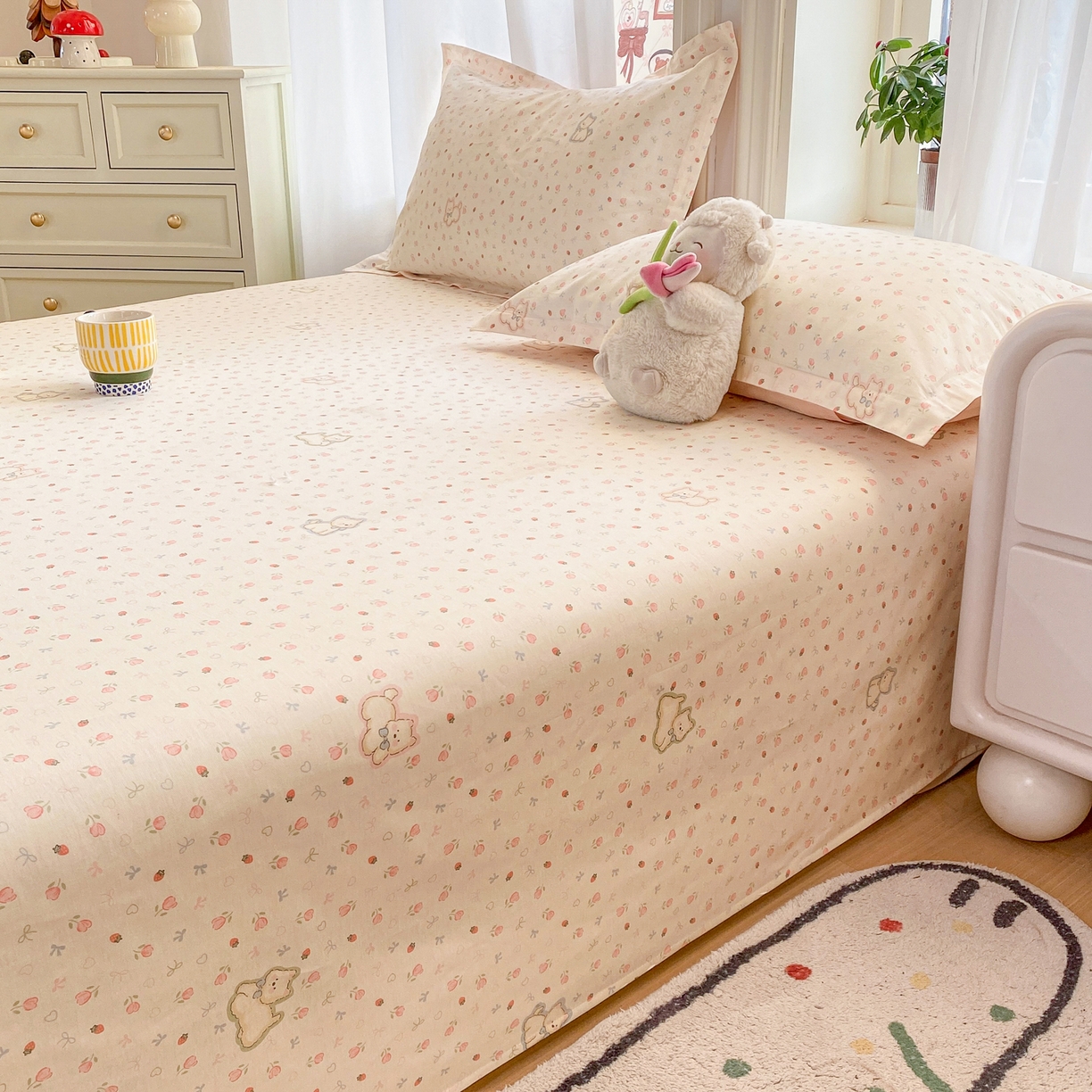 91家纺网 家纺一手货源 找家纺 花梦欣 2026新款全棉印花单品系列2花卉款-单床单 玫瑰小狗