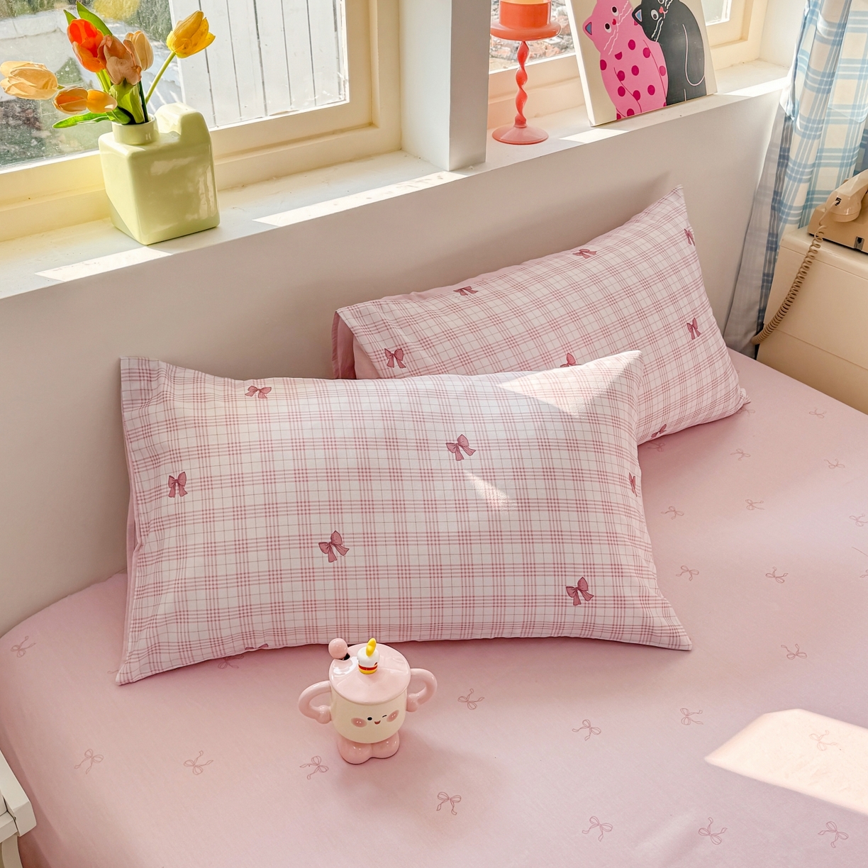缦彩 2026新款全棉13372卡通枕套一对纯棉枕芯套 格纹蝴蝶