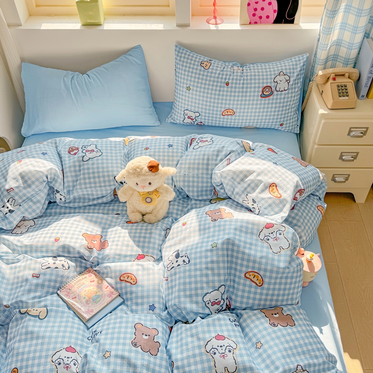 91家纺网 家纺一手货源 找家纺 缦彩 2026新款全棉13372卡通枕套一对纯棉枕芯套 格子狗-蓝