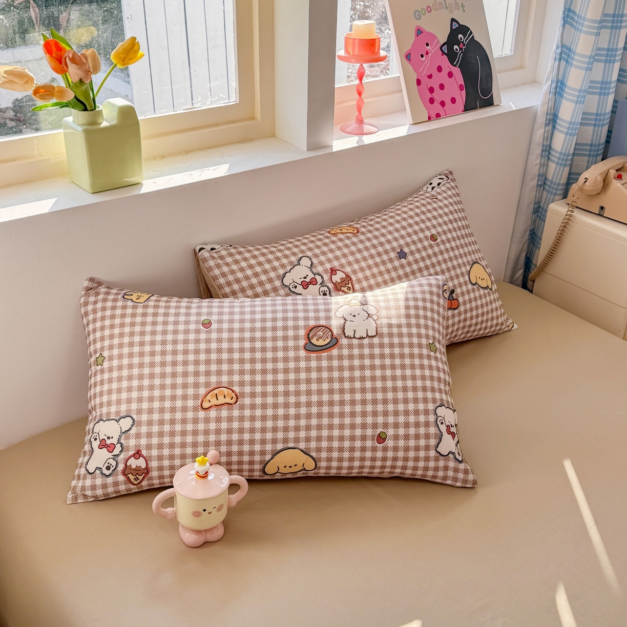 缦彩 2026新款全棉13372卡通枕套一对纯棉枕芯套 格子狗咖