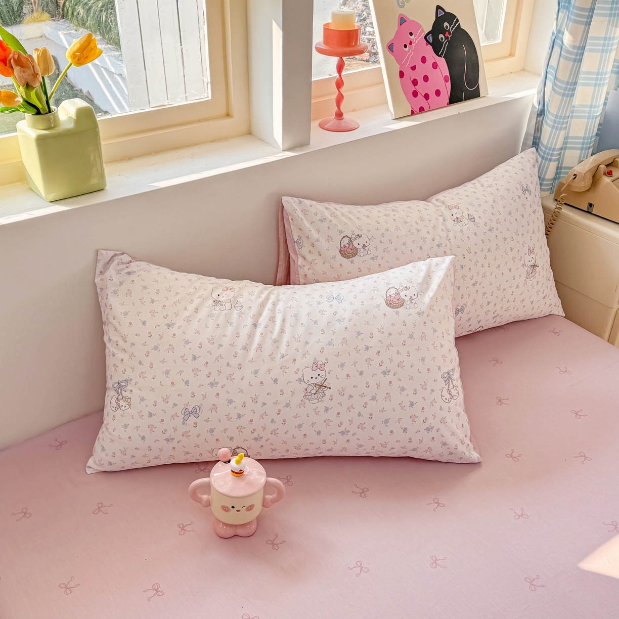 缦彩 2026新款全棉13372卡通枕套一对纯棉枕芯套 提琴猫