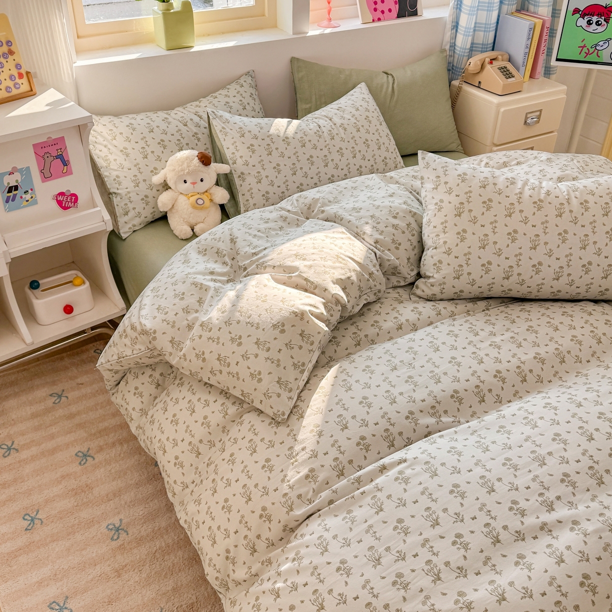 91家纺网 家纺一手货源 找家纺 缦彩 2026新款全棉13372卡通枕套一对纯棉枕芯套 香菊-绿