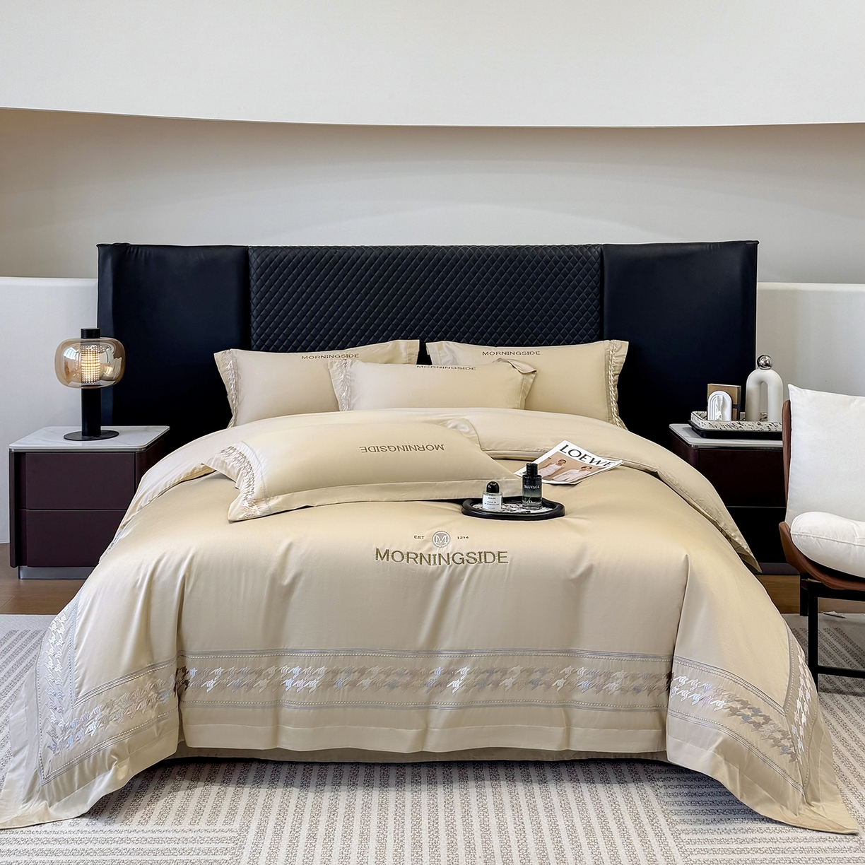 91家纺网 家纺一手货源 找家纺 苏美 2026春夏新款高档礼盒装50*50S贡缎长绒棉刺绣四件套100%纯棉全棉轻奢床品-千鸟格 千鸟格-咖