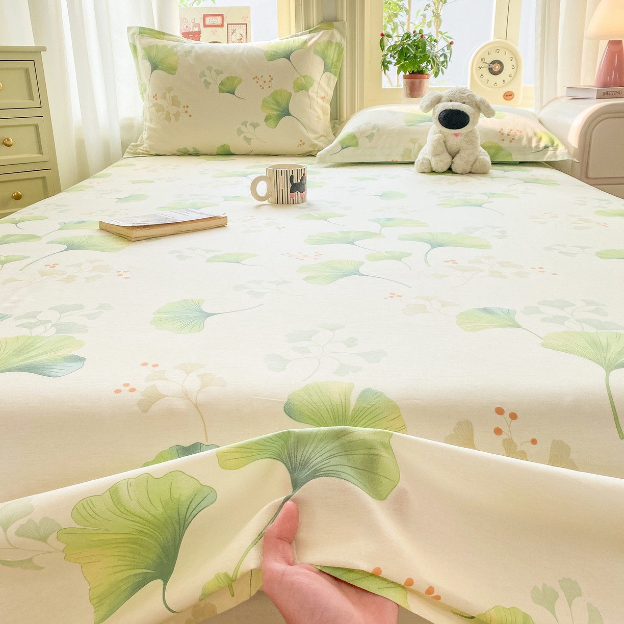 91家纺网 家纺一手货源 找家纺 花梦欣 2026新款全棉印花单品系列2花卉款-单床单 青绿银杏