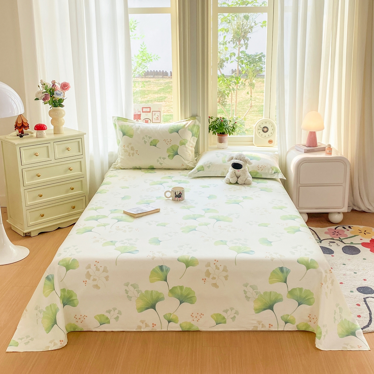 91家纺网 家纺一手货源 找家纺 花梦欣 2026新款全棉印花单品系列2花卉款-单床单 青绿银杏