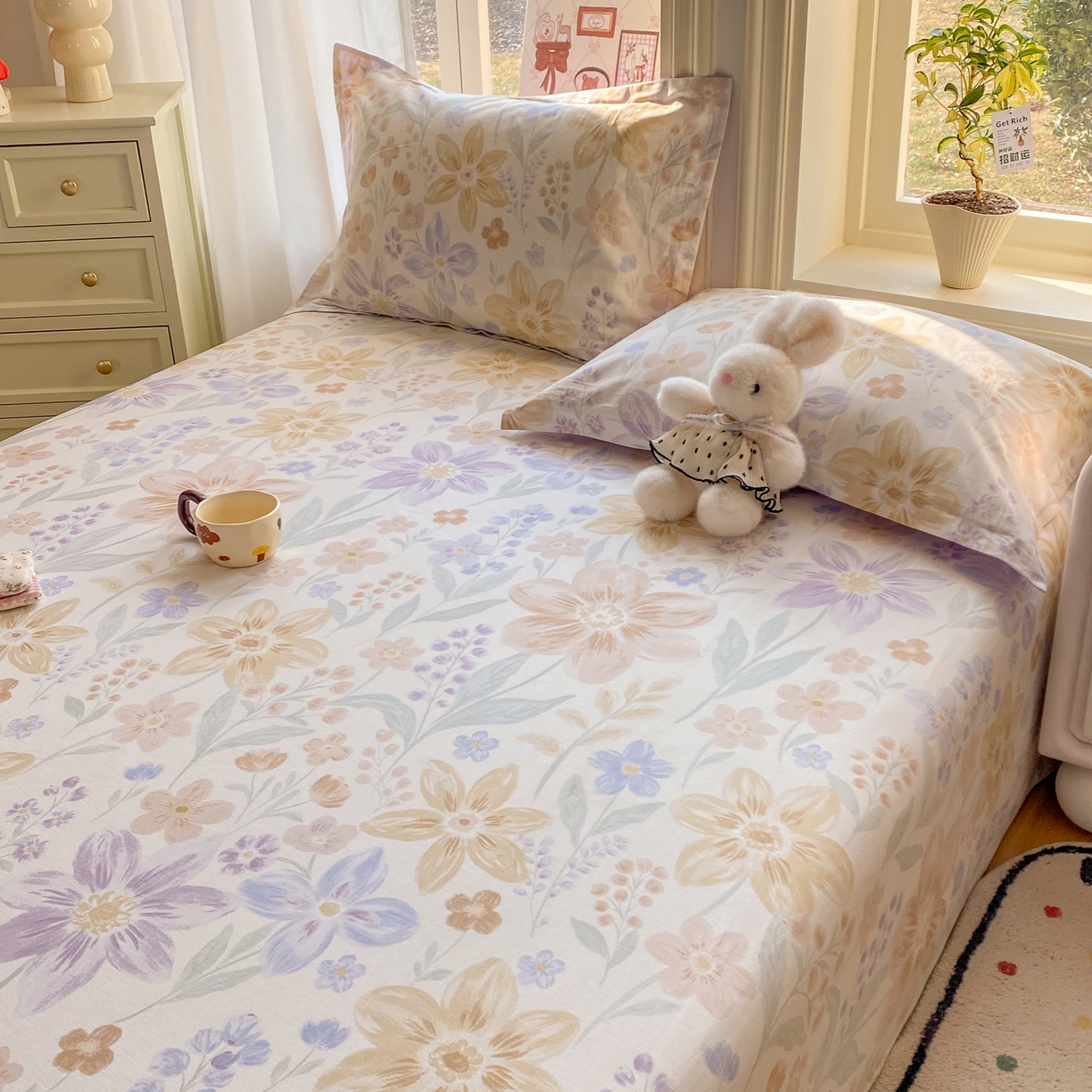 91家纺网 家纺一手货源 找家纺 花梦欣 2026新款全棉印花单品系列2花卉款-单床单 柔色花笺