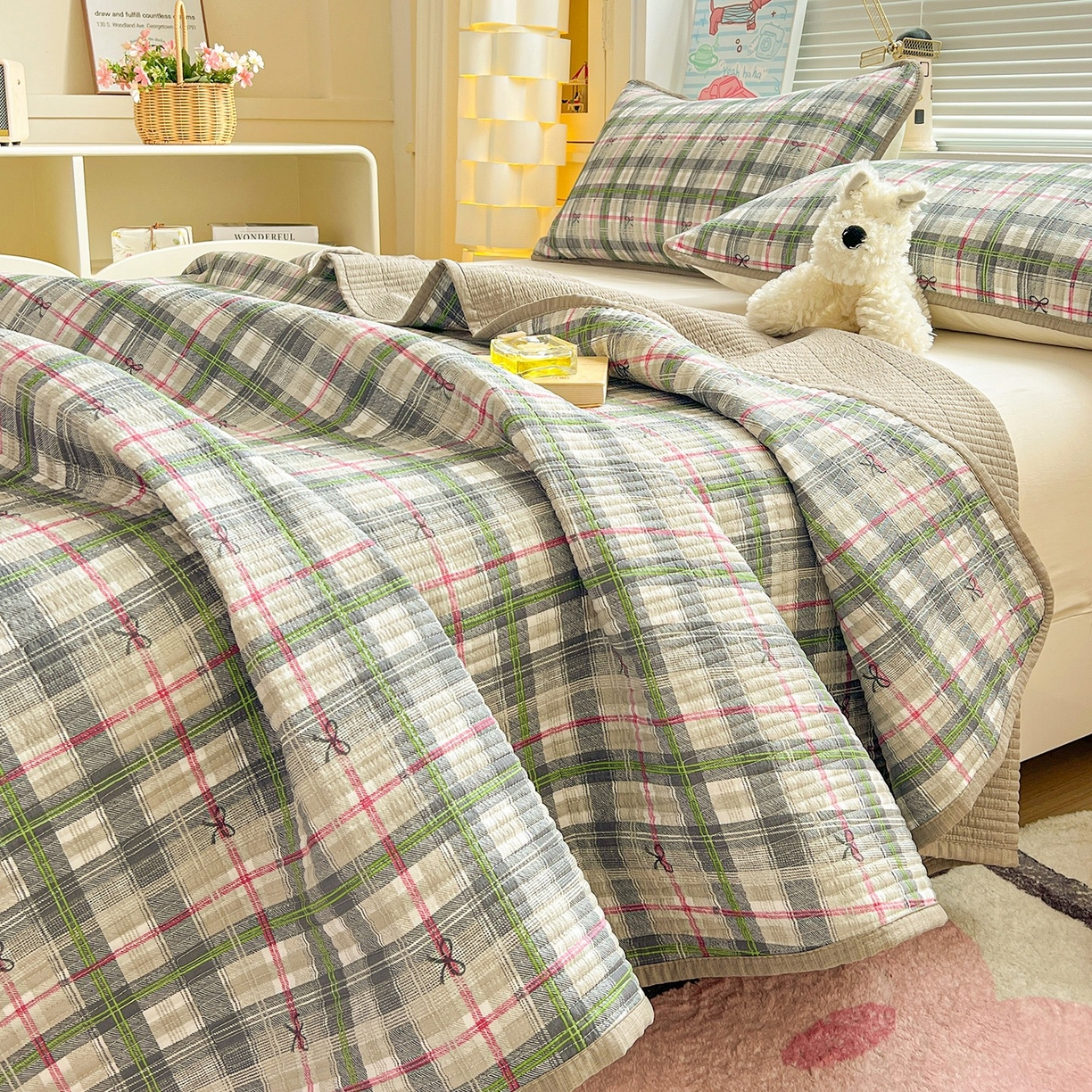 91家纺网 家纺一手货源 找家纺 优选 2026新款木棉印花床盖三件套 绿色条格