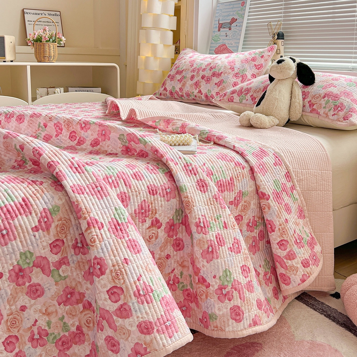 91家纺网 家纺一手货源 找家纺 优选 2026新款木棉印花床盖三件套 十里桃花