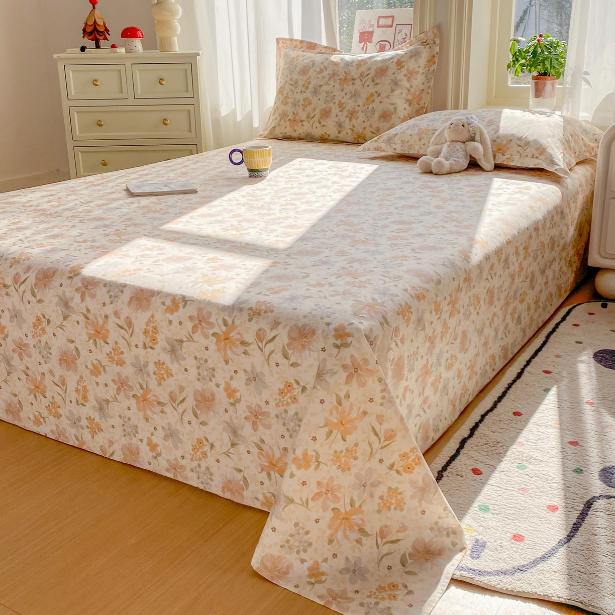 91家纺网 家纺一手货源 找家纺 花梦欣 2026新款全棉印花单品系列2花卉款-单床单 苏糖咖