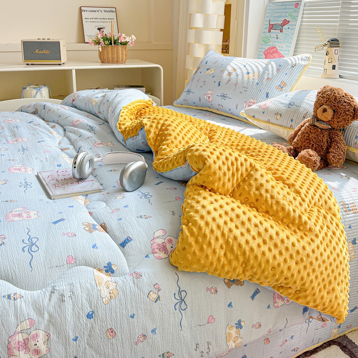 91家纺网 家纺一手货源 找家纺 （总）优选 2025新款木棉双层纱ins少女心可爱加厚豆豆冬被四件套床盖三件套暖梦小红书推荐