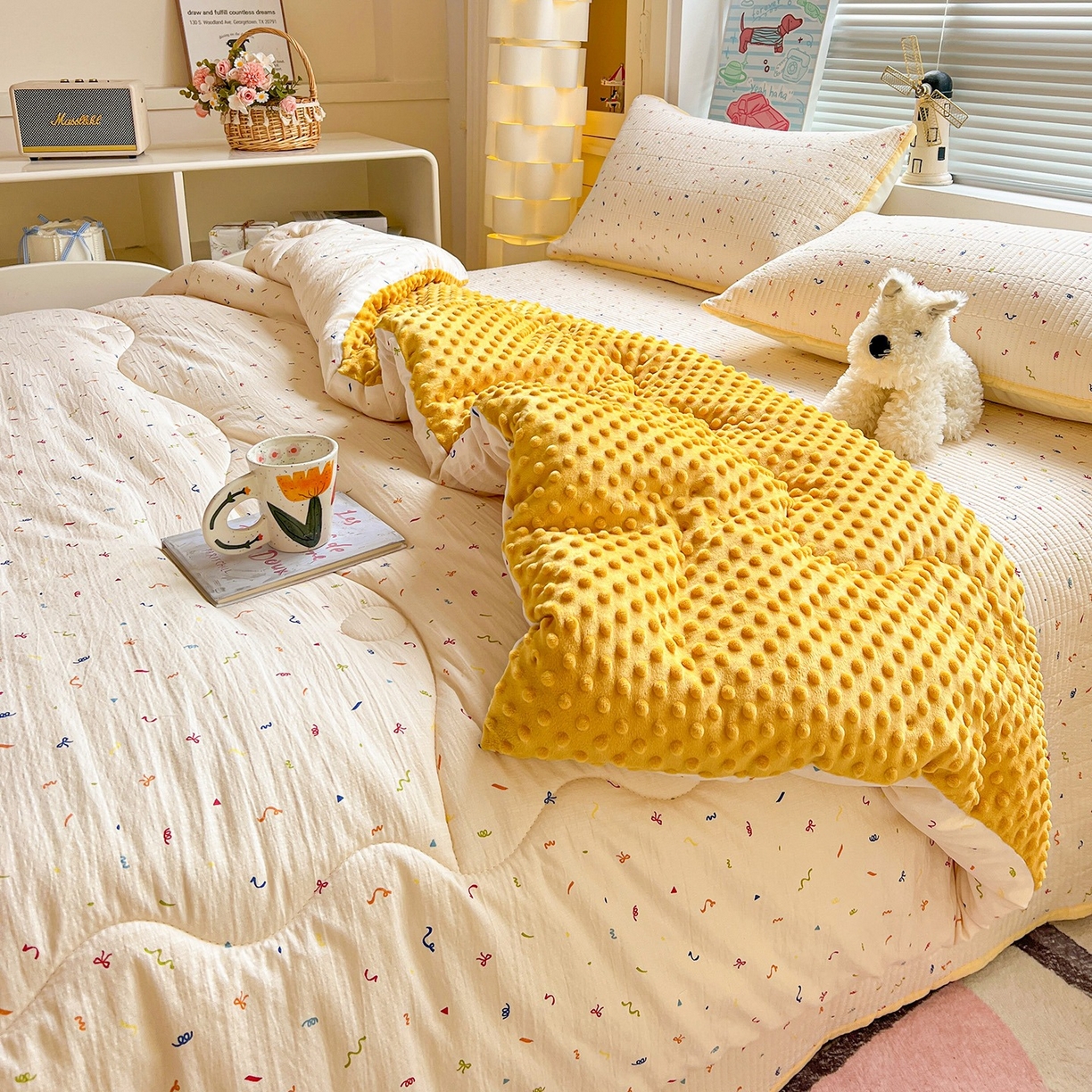 91家纺网 家纺一手货源 找家纺 优选 2025新款木棉双层纱ins少女心可爱加厚豆豆冬被四件套床盖三件套暖梦小红书推荐 音乐篇章