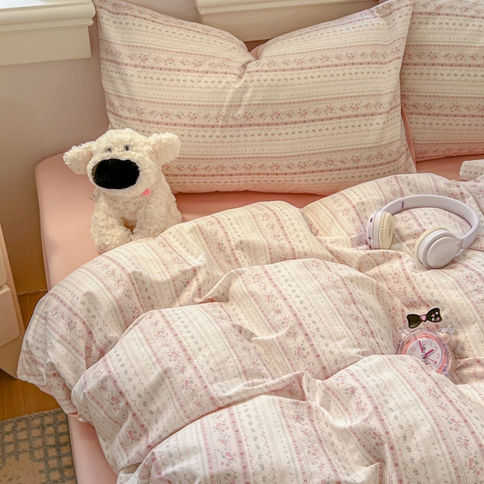 91家纺网 家纺一手货源 找家纺 漫仙阁家纺 2026新款纯棉学生宿舍A版100%新疆棉B版古法水洗三件套全棉四件套粉色蜜恋