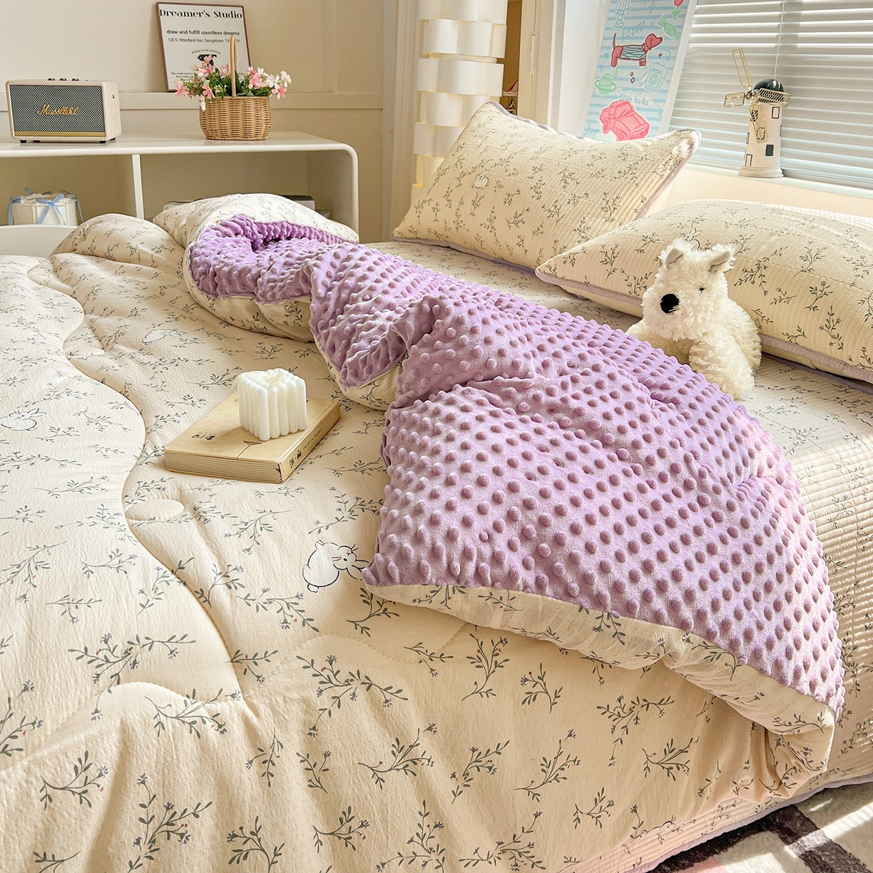 91家纺网 家纺一手货源 找家纺 优选 2025新款木棉双层纱ins少女心可爱加厚豆豆冬被四件套床盖三件套暖梦小红书推荐 花花兔兔