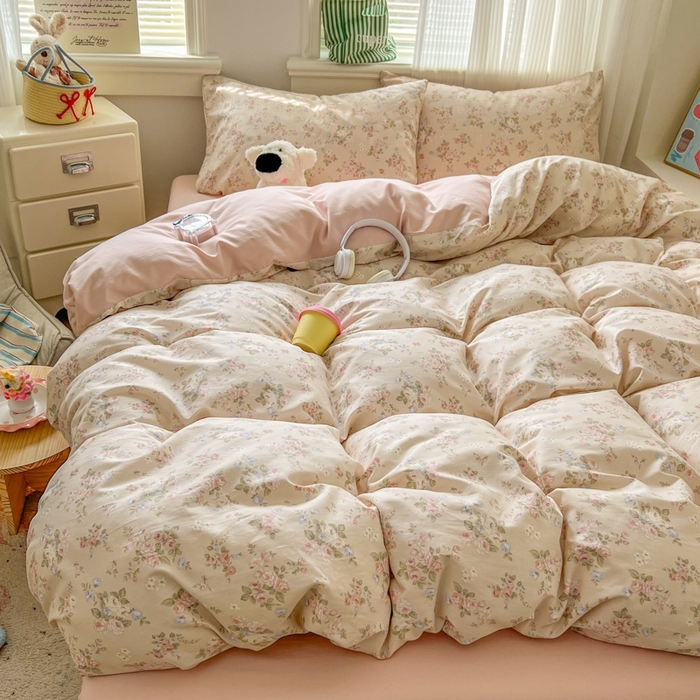 91家纺网 家纺一手货源 找家纺 漫仙阁家纺 2026新款纯棉学生宿舍A版100%新疆棉B版古法水洗三件套全棉四件套粉桃