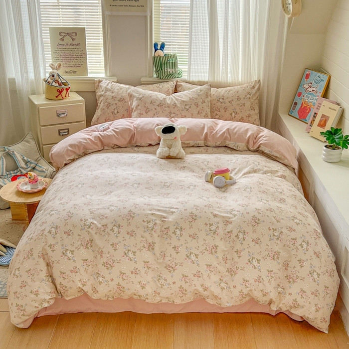 91家纺网 家纺一手货源 找家纺 漫仙阁家纺 2026新款纯棉学生宿舍A版100%新疆棉B版古法水洗三件套全棉四件套粉桃