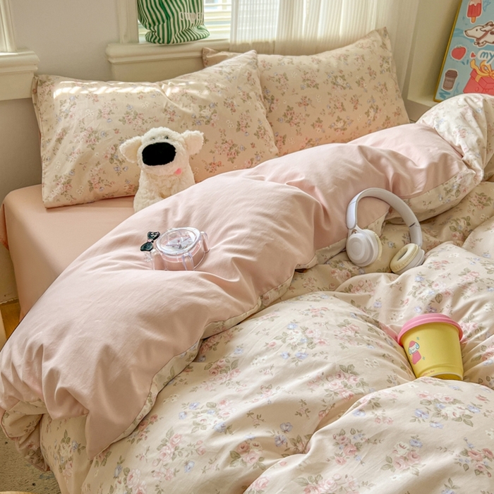 91家纺网 家纺一手货源 找家纺 漫仙阁家纺 2026新款纯棉学生宿舍A版100%新疆棉B版古法水洗三件套全棉四件套粉桃