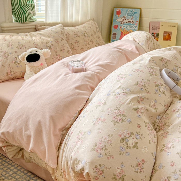 91家纺网 家纺一手货源 找家纺 漫仙阁家纺 2026新款纯棉学生宿舍A版100%新疆棉B版古法水洗三件套全棉四件套粉桃