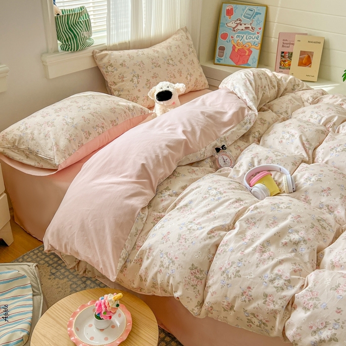 91家纺网 家纺一手货源 找家纺 漫仙阁家纺 2026新款纯棉学生宿舍A版100%新疆棉B版古法水洗三件套全棉四件套粉桃