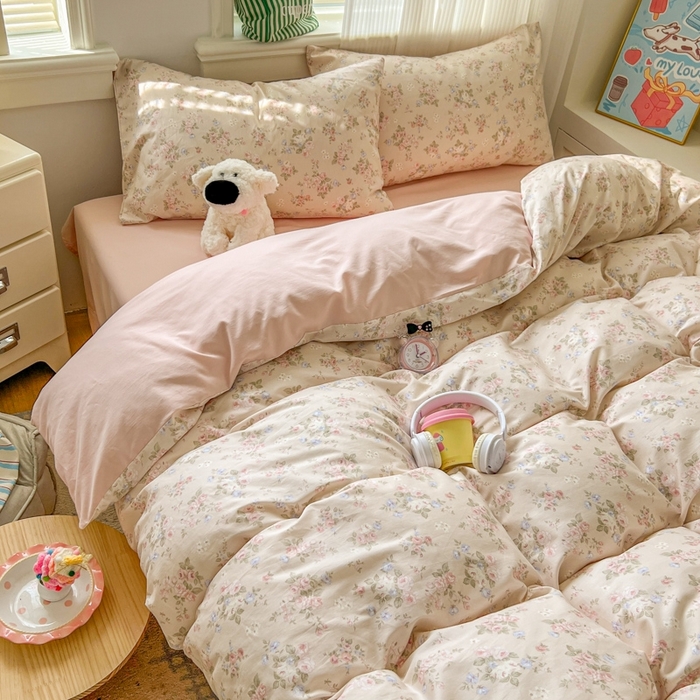 91家纺网 家纺一手货源 找家纺 漫仙阁家纺 2026新款纯棉学生宿舍A版100%新疆棉B版古法水洗三件套全棉四件套粉桃