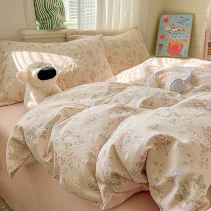 91家纺网 家纺一手货源 找家纺 漫仙阁家纺 2026新款纯棉学生宿舍A版100%新疆棉B版古法水洗三件套全棉四件套粉桃