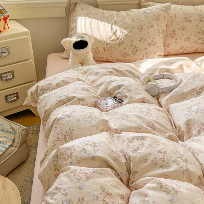 91家纺网 家纺一手货源 找家纺 漫仙阁家纺 2026新款纯棉学生宿舍A版100%新疆棉B版古法水洗三件套全棉四件套粉桃