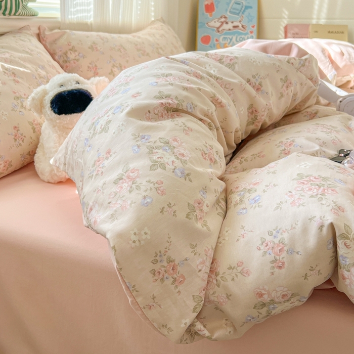 91家纺网 家纺一手货源 找家纺 漫仙阁家纺 2026新款纯棉学生宿舍A版100%新疆棉B版古法水洗三件套全棉四件套粉桃