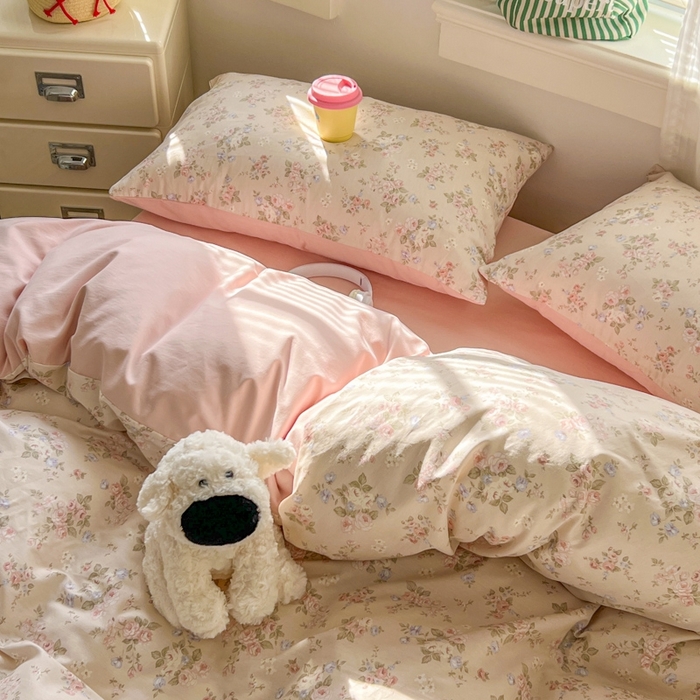 91家纺网 家纺一手货源 找家纺 漫仙阁家纺 2026新款纯棉学生宿舍A版100%新疆棉B版古法水洗三件套全棉四件套粉桃