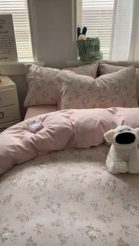 91家纺网 家纺一手货源 找家纺 漫仙阁家纺 2026新款纯棉学生宿舍A版100%新疆棉B版古法水洗三件套全棉四件套粉桃