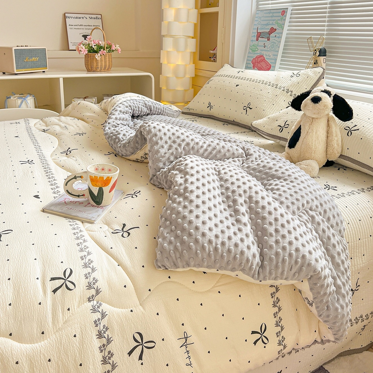 91家纺网 家纺一手货源 找家纺 优选 2025新款木棉双层纱ins少女心可爱加厚豆豆冬被四件套床盖三件套暖梦小红书推荐 点点爱心