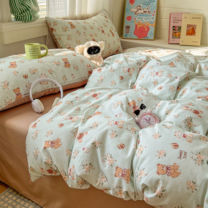 漫仙阁家纺 2026新款纯棉学生宿舍A版100%新疆棉B版古法水洗三件套全棉四件套礼物熊