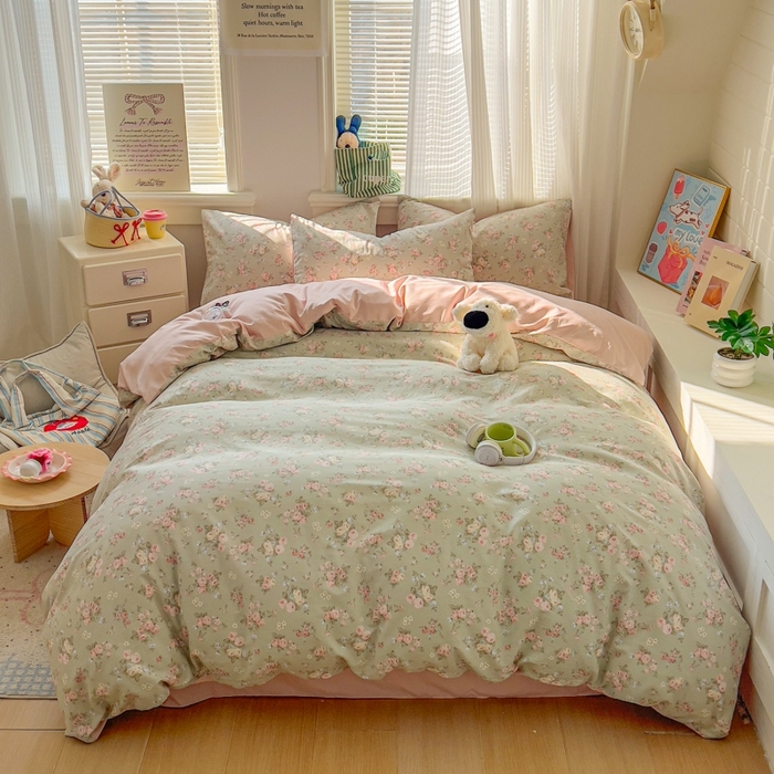 91家纺网 家纺一手货源 找家纺 漫仙阁家纺 2026新款纯棉学生宿舍A版100%新疆棉B版古法水洗三件套全棉四件套抹茶花语