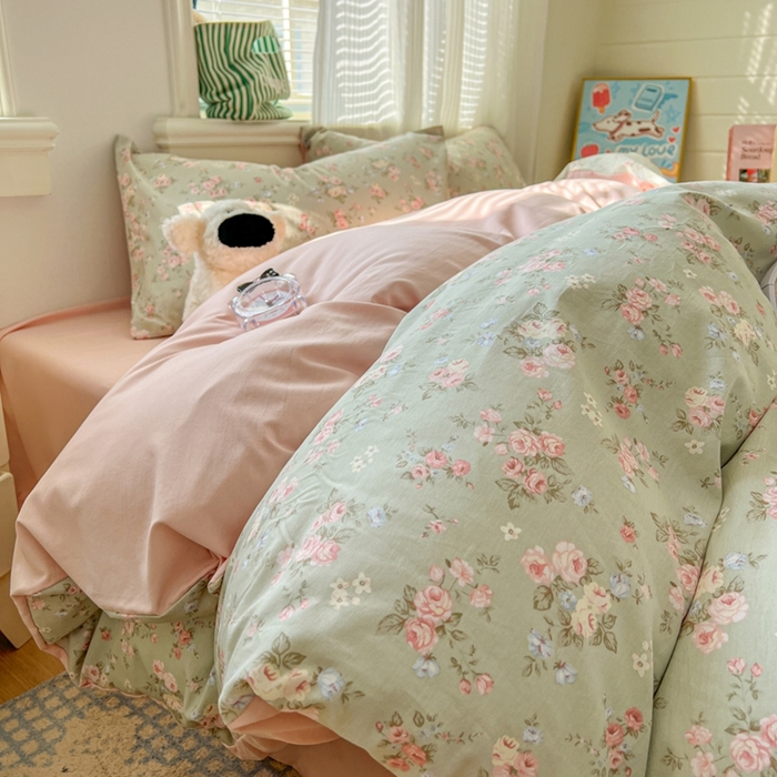 91家纺网 家纺一手货源 找家纺 漫仙阁家纺 2026新款纯棉学生宿舍A版100%新疆棉B版古法水洗三件套全棉四件套抹茶花语