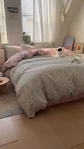 91家纺网 家纺一手货源 找家纺 漫仙阁家纺 2026新款纯棉学生宿舍A版100%新疆棉B版古法水洗三件套全棉四件套抹茶花语