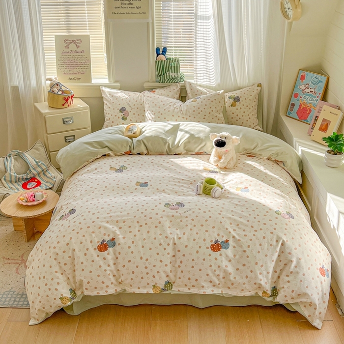 91家纺网 家纺一手货源 找家纺 漫仙阁家纺 2026新款纯棉学生宿舍A版100%新疆棉B版古法水洗三件套全棉四件套南瓜派对